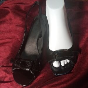 Joan & David Circa Black Patent Leather Slingback Peek Toe Wedge Heels Size 6.5